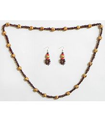 Beige and Dark Brown Wooden Beads with Natural Seed Necklace and Earrings 