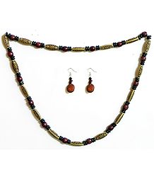 Beige with Maroon Wooden Beads and Natural Seed Necklace and Earrings 