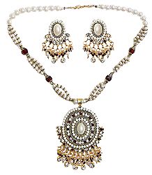Faux Pearl and Stone Studded Necklace with Earrings