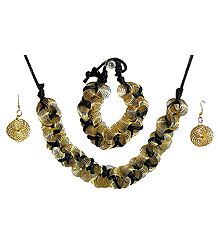 Golden Wire Necklace with Black Cord, Bracelet and Earrings