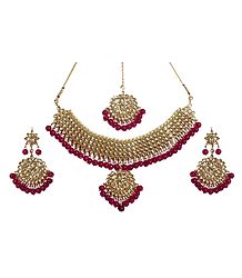 White Cut Glass with Red Bead Adjustable Necklace Set