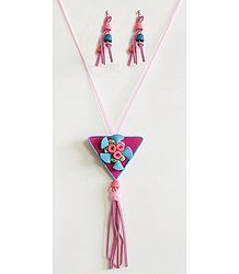 Light Mauve, Light Blue Felt Necklace with Earrings