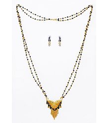 Black and Golden Bead Gold Plated Mangalsutra with Earrings