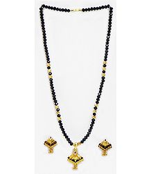 Black Crystal and Gold Plated Bead Mangalsutra with Earrings