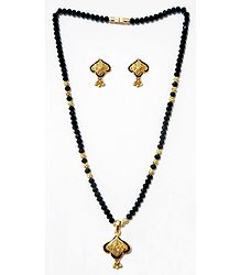 Black Crystal Mangalsutra with Gold Plated Balls and Pendant with Earrings