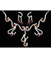 Maroon and White Stone Studded Necklace and Earrings