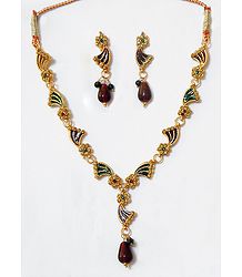 Red and Green Lacquered and Stone Studded Necklace with Earrings