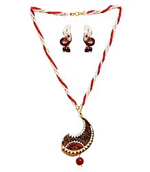 Red and White Beaded Necklace with Meenakari Metal Pendant and Earrings