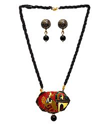 Black Beaded Necklace with Meenakari Metal Pendant and Earrings