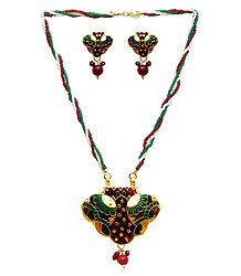 Multicolor Beaded Necklace with Meenakari Metal Pendant and Earrings