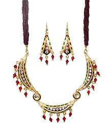 Maroon Beaded Adjustable Necklace with Meenakari Pendant and Earrings