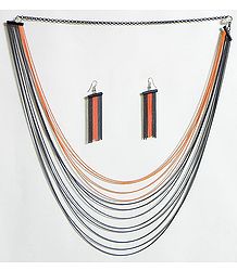 Four Layer Saffron Color and Eight Layer Black Color Metal Necklace and Earrings