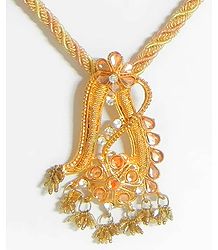 Peach and off-White Twisted Cord Necklace with Stone Studded Pendant