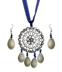Metal Pendant and Cowrie Earrings with Adjustable Blue Ribbon