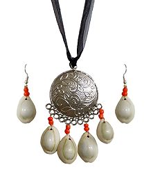 Metal Pendant and Cowrie Earrings with Adjustable Black Ribbon