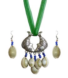 Metal Fish Pendant and Cowrie Earrings with Adjustable Green Ribbon