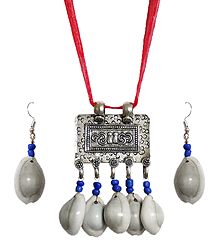 Metal Pendant and Cowrie Earrings with Adjustable Red Ribbon