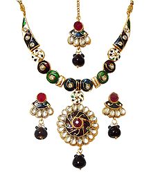 Multicolor Lacquered Necklace with Kundan Work Pendant, Earrings and Mang Tika