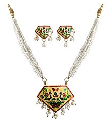 White Beaded Necklace with Meenakari Pendant and Earrings