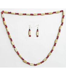 Beige Wooden Beads with Red Natural Seed Necklace and Earrings 
