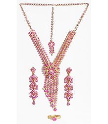 White with Pink Stone Studded Necklace, Earrings, Ring and Mang TIka