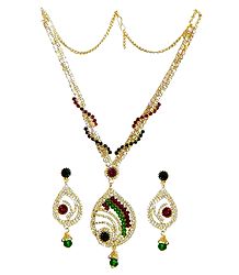 White,Maroon and Green Stone Studded Necklace and Earrings