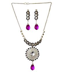 Black and White Stone Studded Necklace with Earrings