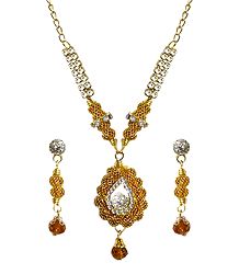 White Stone Studded Golden Necklace and Earrings