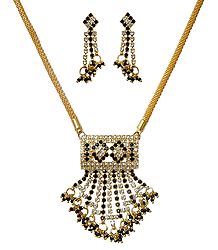 Black and White Stone Studded and Gold Plated Necklace Set with Jhalar Pendant