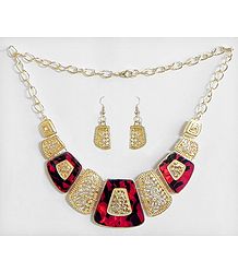 Carved Oxidised Metal Plate with Red and Black Lacquered Necklace with Earrings