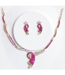 Faux Zirconia and Ruby Stone Studded Necklace and Earrings