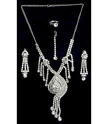 White Stone Studded Necklace Set with Mang Tika and Ring