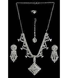 White Stone Studded Necklace Set with Mang Tika and Ring