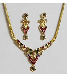 Yellow,Red and Green Stone Studded Necklace with Earrings