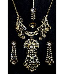 Black and White Stone Studded Necklace, Earrings, Ring and Mang TIka