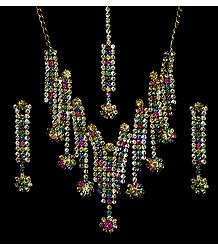 Multicolor Stone Studded Necklace, Earrings and Mang TIka