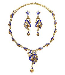 Blue with Chrome Yellow Stone Studded Necklace and Earrings