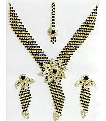 Black and White Stone Studded Necklace, Earrings and Maang Tikka
