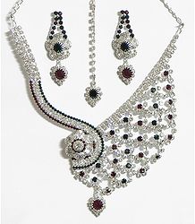 White, Maroon and Green Stone Studded Necklace and Earrings