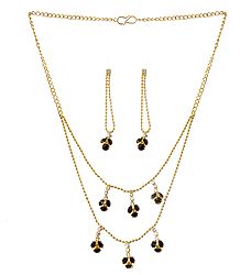 Black Stone Studded Two Layer Golden Necklace and Earrings
