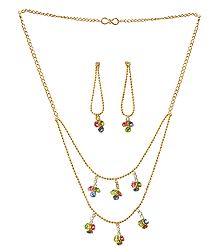 Multicolor Stone Studded Two Layer Golden Necklace and Earrings