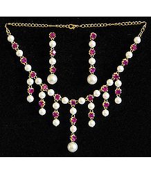 Pearl and Magenta Stone Studded Necklace and Earrings