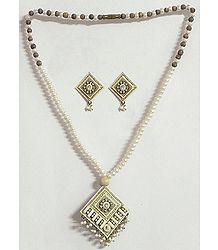 White Faux Pearl and Wooden Bead Necklace with Jute Pendant and Earrings