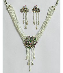White Pearl Bead Necklace with Multicolor Stone Studded Pendant and Earrings