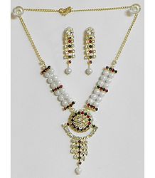 White Pearl Necklace with White, Maroon and Green Stone Studded Pendant and Earrings