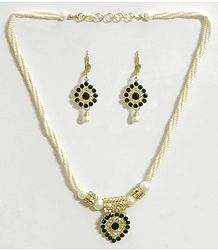 White Bead Necklace with Green Stone Studded Pendant and Earrings