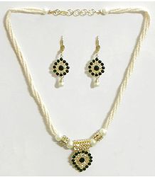White Bead Necklace with Green Stone Studded Pendant and Earrings