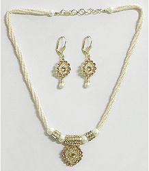 White Bead Necklace with Rust Color Stone Studded Pendant and Earrings