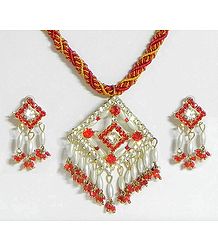 Red and Yellow Twisted Cord Necklace with Red and White Stone Studded and Bead Pendant
