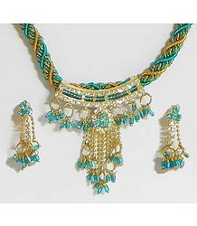 Cyan and Yellow Twisted Cord Necklace with Stone Studded Pendant